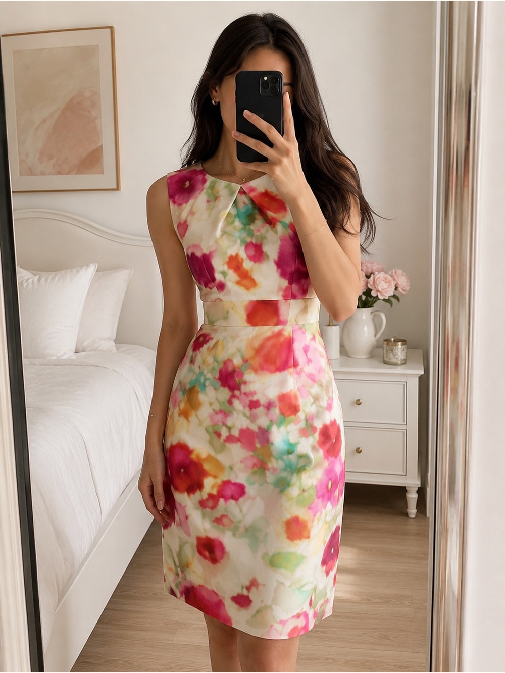 Kate Spade New York Floral Silk Midi Dress Watercolor Print Shift Dress Size 4